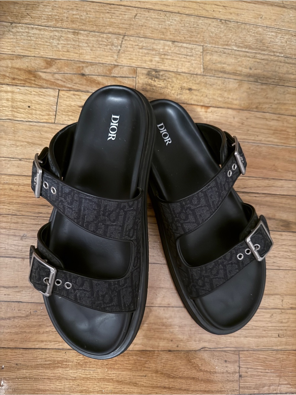 Dior Black Monogram Canvas Double-Strap Slides